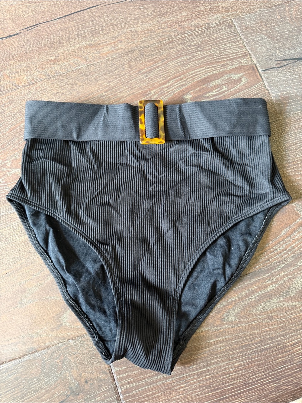 Boden Black High-Waist Ribbed Bikini Bottom with Tortoiseshell Buckle